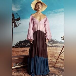 Anthropologie Nirmooha Puff-Sleeved Colorblocked Maxi Dress XS Whimsical